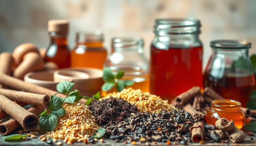 A vibrant still life of various natural sweeteners against a soft, hazy backdrop. In the foreground, an assortment of whole and ground spices such as cinnamon sticks, vanilla beans, and dried stevia leaves. In the middle ground, jars and bowls filled with honey, maple syrup, and agave nectar, their warm tones and viscous textures contrasting with the crisper, greener elements. The background features a blurred, sun-dappled surface, suggesting a rustic kitchen or dining table, lending an organic, wholesome feel to the scene. Soft, diffused natural lighting casts gentle shadows, accentuating the rich colors and varied textures of the natural sweeteners.