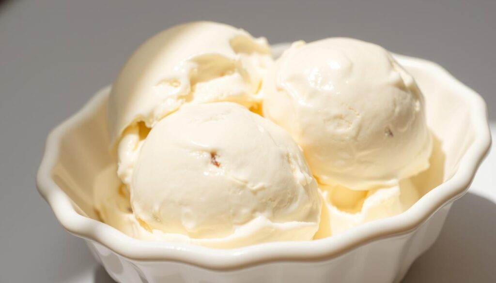 Creamy vanilla ice cream, with a smooth, luscious texture. Glistening scoops arranged artfully on a white ceramic dish, illuminated by soft, natural lighting. The vanilla bean flecks visible throughout, hinting at the rich, aromatic flavor. A slight sheen on the surface, reflecting the light. The ice cream appears cool and refreshing, perfect for a warm day. The dish is set against a simple, minimalist background, allowing the ice cream to be the focal point. An appetizing and inviting dessert, capturing the essence of a delightful, sugar-free frozen treat.