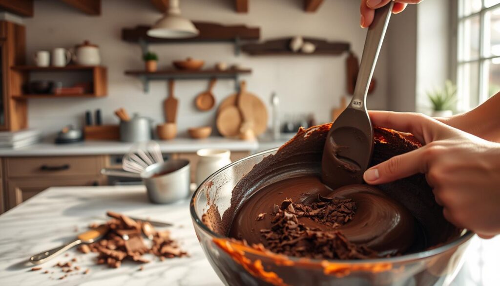 preparación de pastel de chocolate
