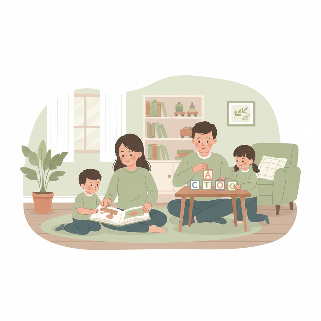 Illustration about language development at home: activities to stimulate speech as a family, showing parents and children