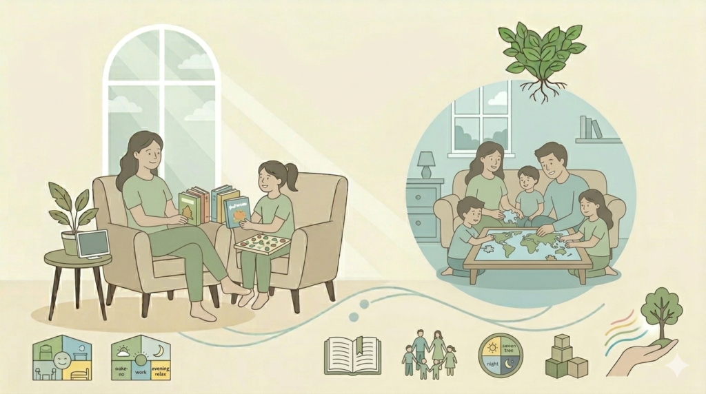 Illustration about conscious parenting and digital consumption: how to balance screen time in the family, showing parents and children