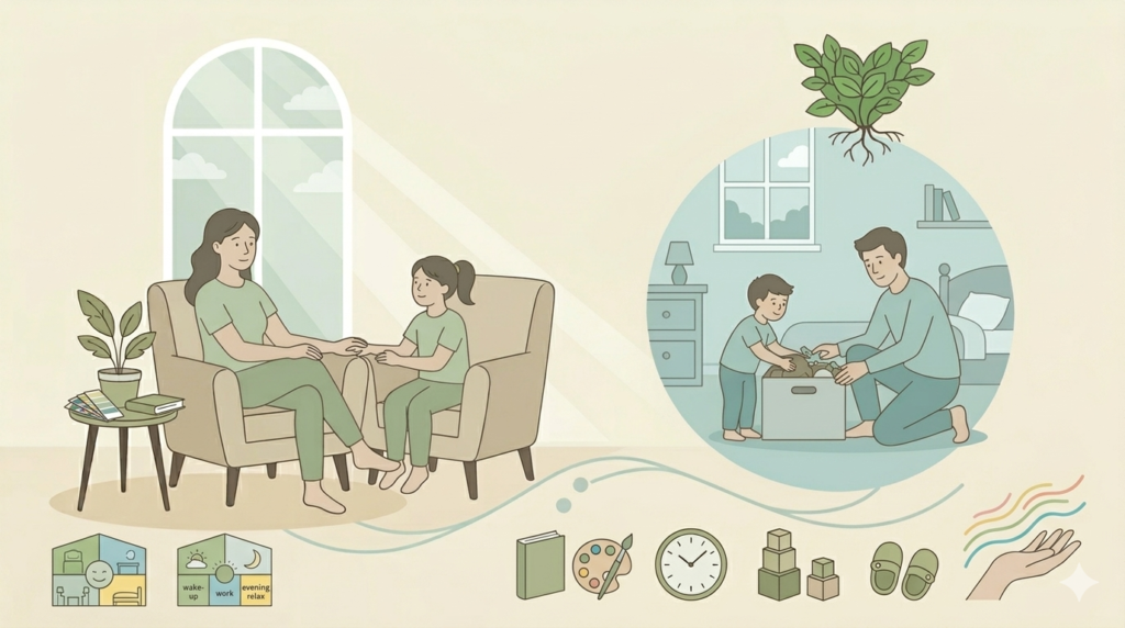 Illustration about how to use color psychology in your home to improve your mood, showing self-care routines